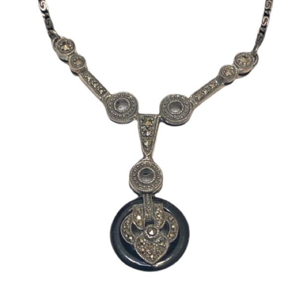 Vintage Art Deco 925 Sterling Silver Onyx And Marcasite Necklace - Picture 1 of 2